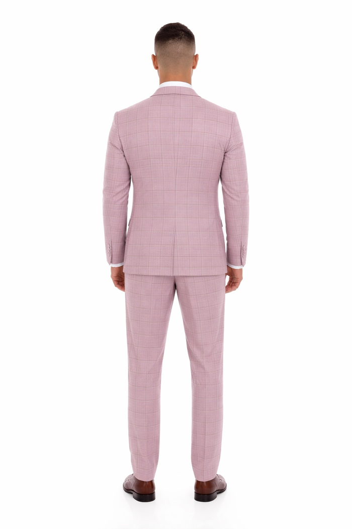 Mens Dusty Rose Three Piece Plaid Suit – Pink Check Wedding and Business Formal Suit Set Windowpane Pattern