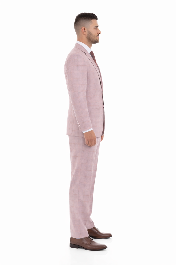 Mens Dusty Rose Three Piece Plaid Suit – Pink Check Wedding and Business Formal Suit Set Windowpane Pattern