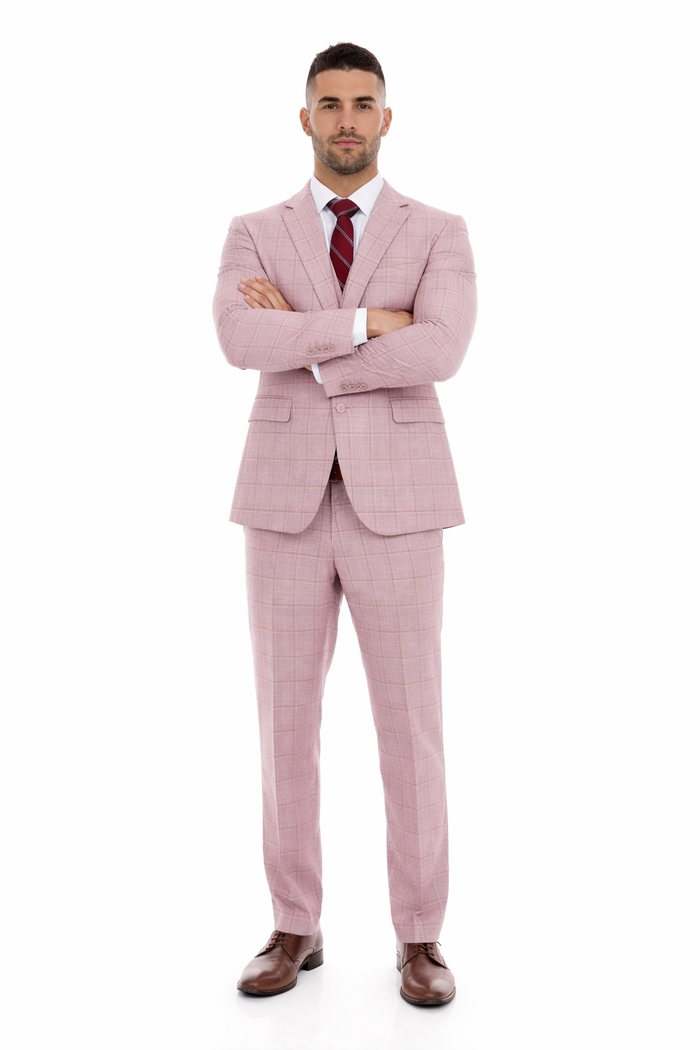 Mens Dusty Rose Three Piece Plaid Suit – Pink Check Wedding and Business Formal Suit Set Windowpane Pattern