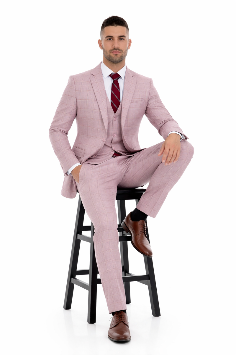 Mens Dusty Rose Three Piece Plaid Suit – Pink Check Wedding and Business Formal Suit Set Windowpane Pattern