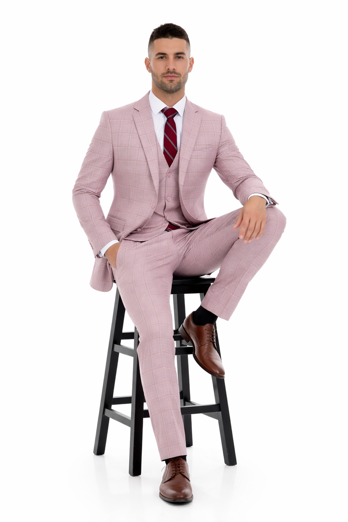Mens Dusty Rose Three Piece Plaid Suit – Pink Check Wedding and Business Formal Suit Set Windowpane Pattern
