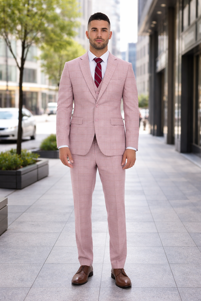 Mens Dusty Rose Three Piece Plaid Suit – Pink Check Wedding and Business Formal Suit Set Windowpane Pattern