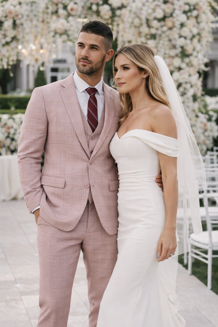 Mens Dusty Rose Three Piece Plaid Suit – Pink Check Wedding and Business Formal Suit Set Windowpane Pattern