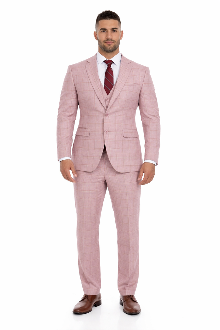 Mens Dusty Rose Three Piece Plaid Suit – Pink Check Wedding and Business Formal Suit Set Windowpane Pattern