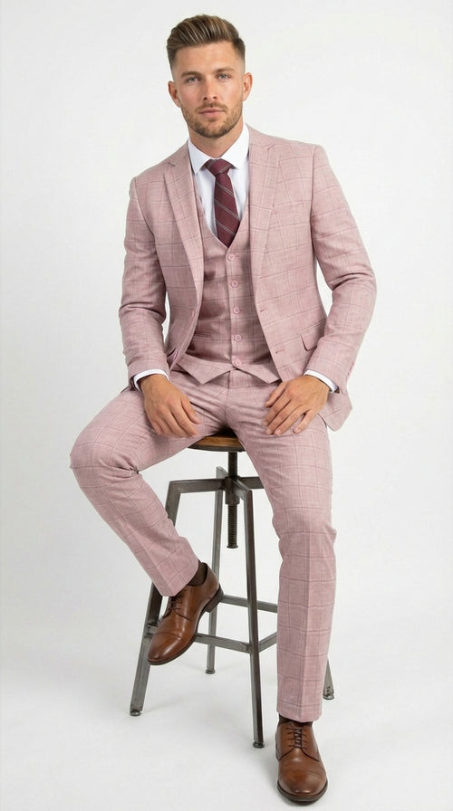 Mens Dusty Rose Three Piece Plaid Suit – Pink Check Wedding and Business Formal Suit Set Windowpane Pattern