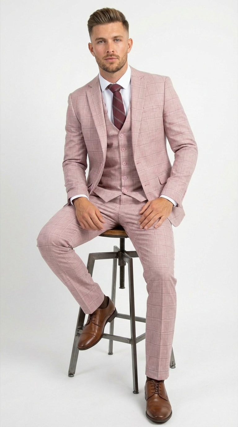 Mens Dusty Rose Three Piece Plaid Suit – Pink Check Wedding and Business Formal Suit Set Windowpane Pattern