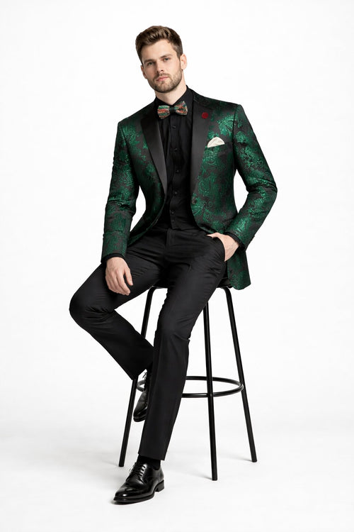 Emerald Green Paisley Tuxedo Suit - Prom Floral Tuxedo Suit - Groom Wedding Suit
