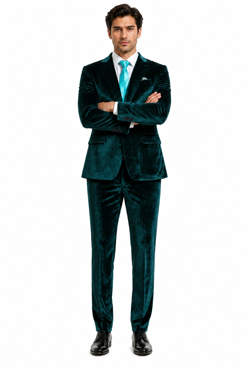 Mens Emerald Green Teal Blue Velvet Suit – Luxury Two Piece Formal Evening Suit