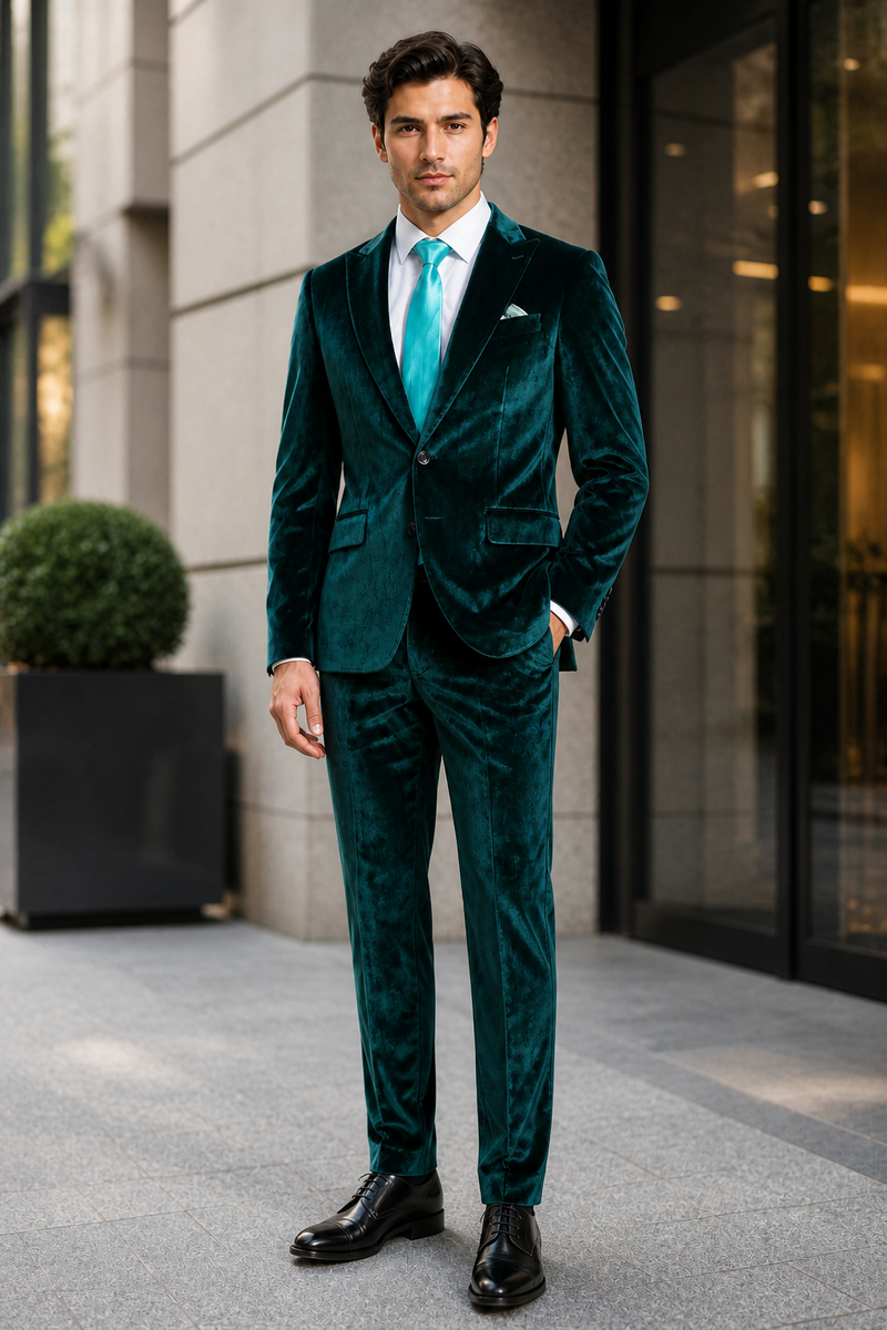 Mens Emerald Green Teal Blue Velvet Suit – Luxury Two Piece Formal Evening Suit