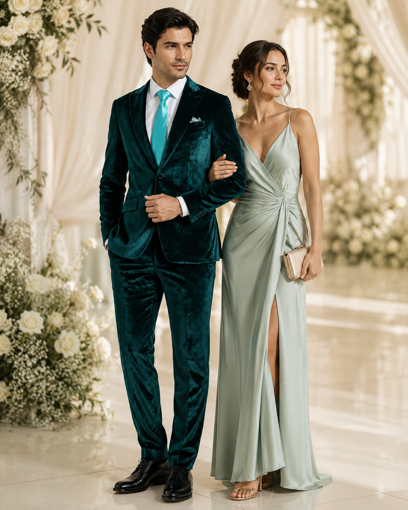 Mens Emerald Green Teal Blue Velvet Suit – Luxury Two Piece Formal Evening Suit