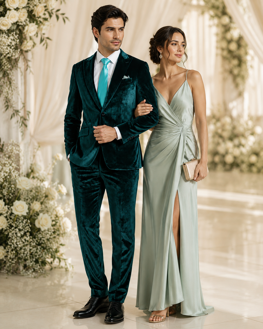 Mens Emerald Green Teal Blue Velvet Suit – Luxury Two Piece Formal Evening Suit