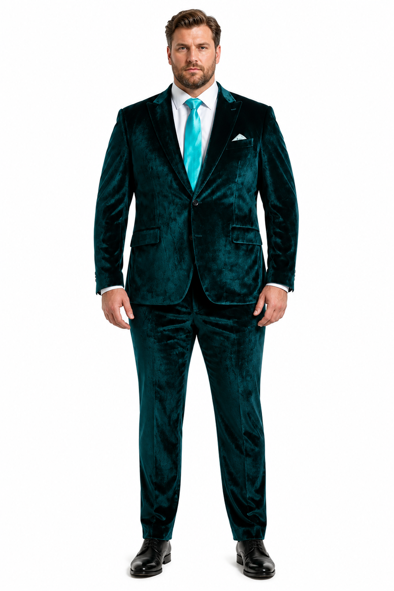 Mens Emerald Green Teal Blue Velvet Suit – Luxury Two Piece Formal Evening Suit
