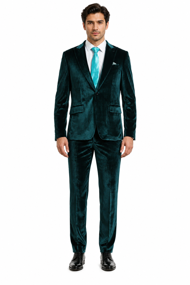 Mens Emerald Green Teal Blue Velvet Suit – Luxury Two Piece Formal Evening Suit