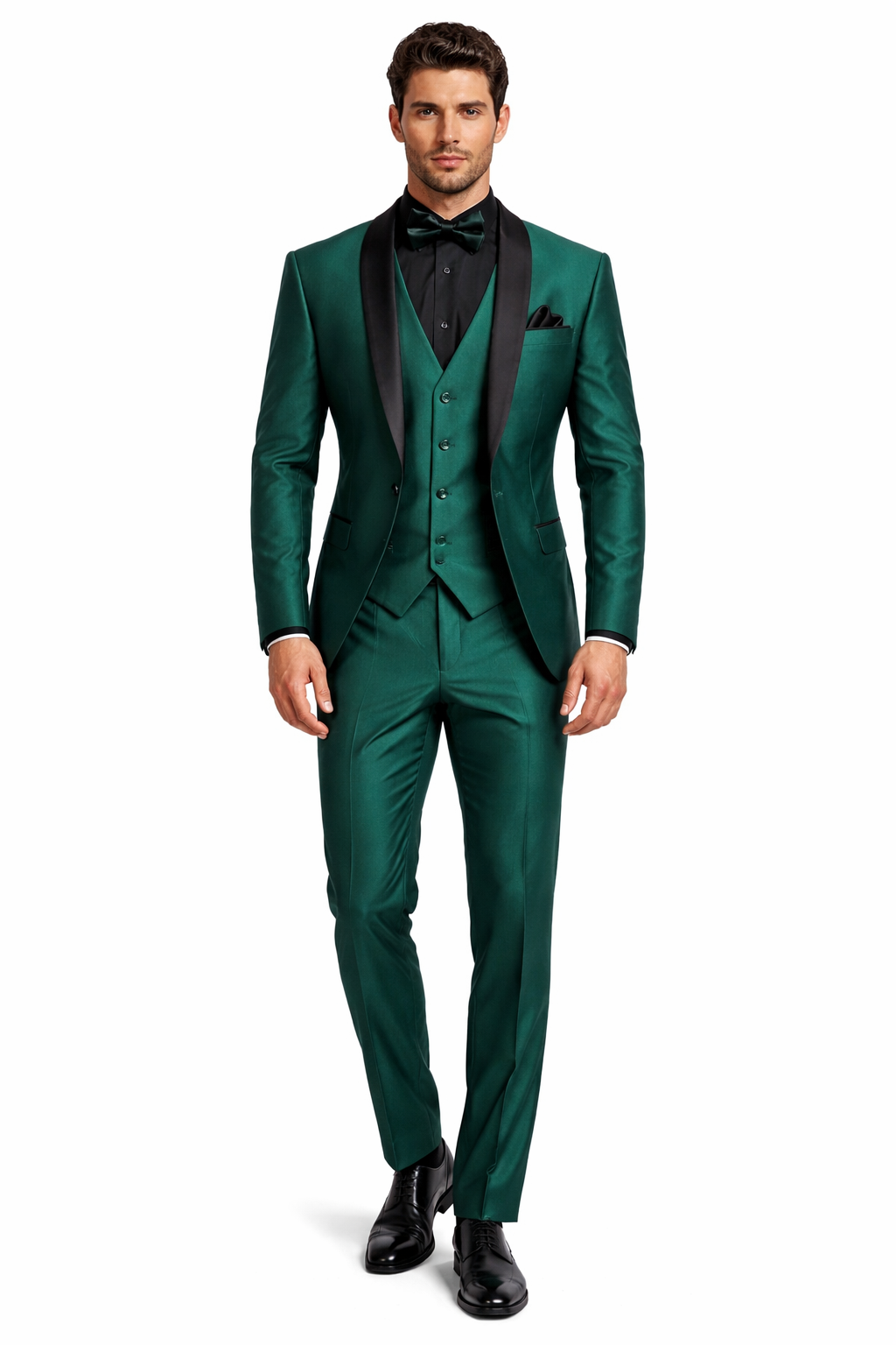 Mens Emerald Green Tuxedo with Black Satin Shawl Lapel 3 Piece Formal Suit with Vest