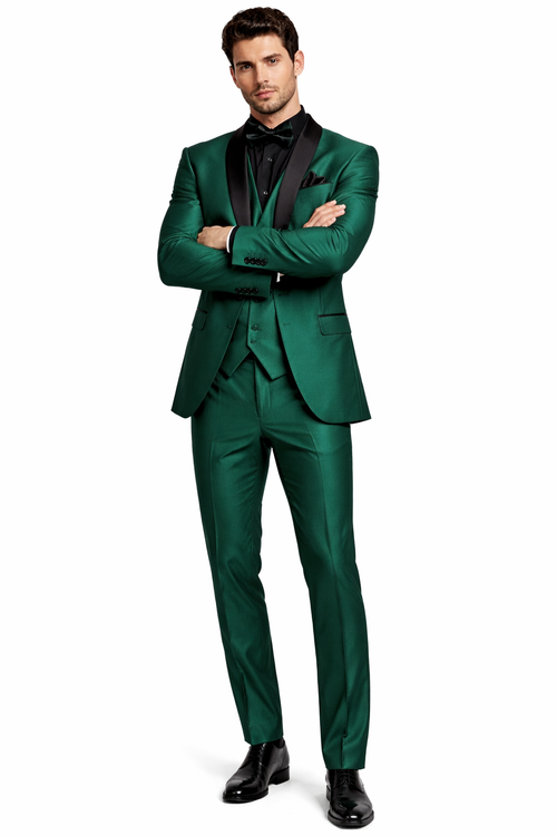 Mens Emerald Green Tuxedo with Black Satin Shawl Lapel 3 Piece Formal Suit with Vest