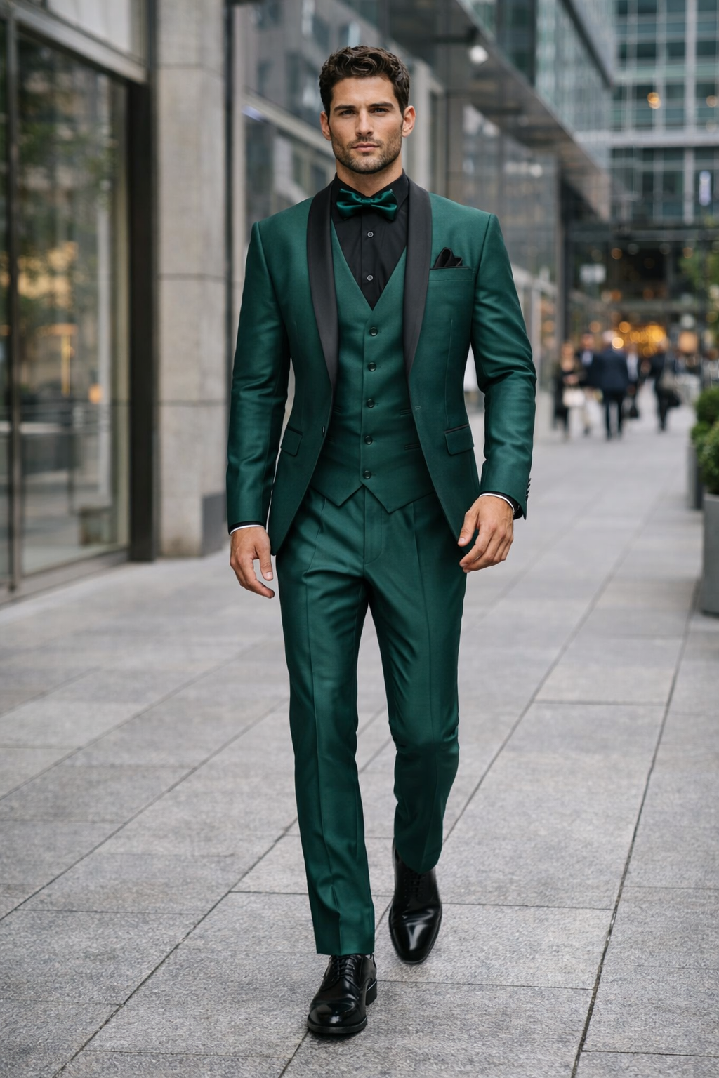 Mens Emerald Green Tuxedo with Black Satin Shawl Lapel 3 Piece Formal Suit with Vest