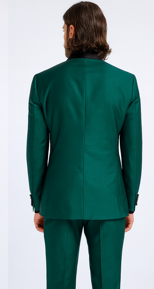 Mens Emerald Green Tuxedo with Black Satin Shawl Lapel â€“ 3 Piece Formal Suit with Vest