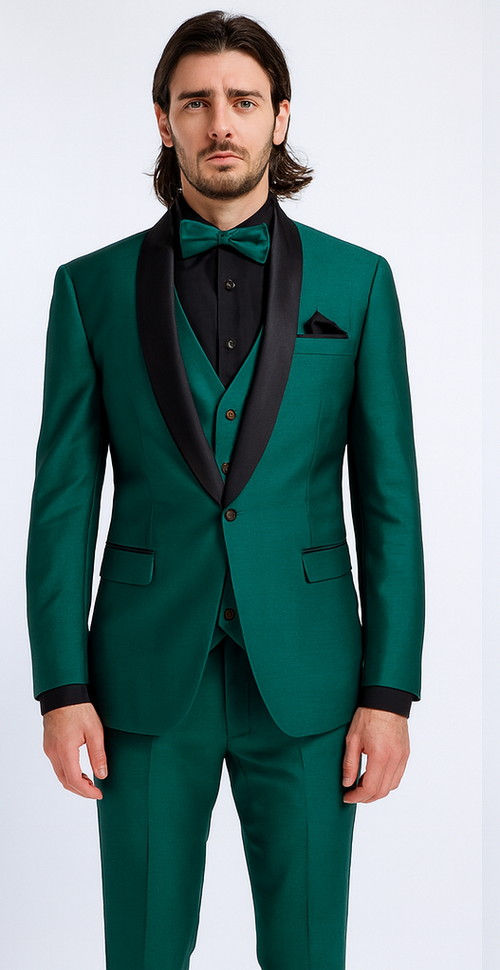 Mens Emerald Green Tuxedo with Black Satin Shawl Lapel â€“ 3 Piece Formal Suit with Vest