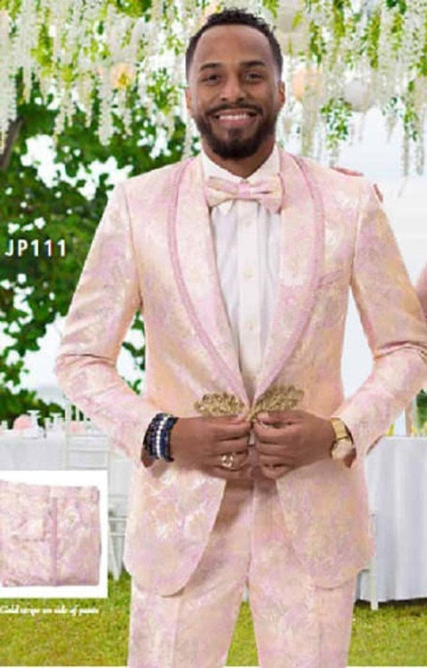 Mens Fashion Modern Fit Pink Fancy Pattern Tuxedo Shawl Lapel Prom EJ Samuel JP111