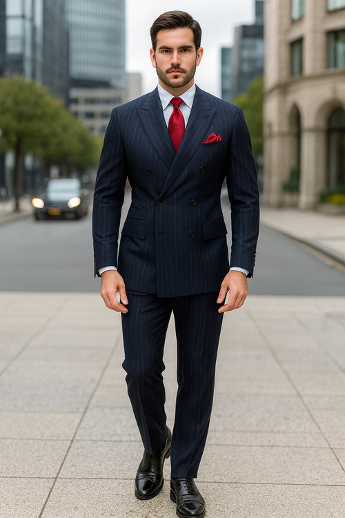 "Navy Pinstripe Wool Vested Suit - Men's Double Breasted Fashion"