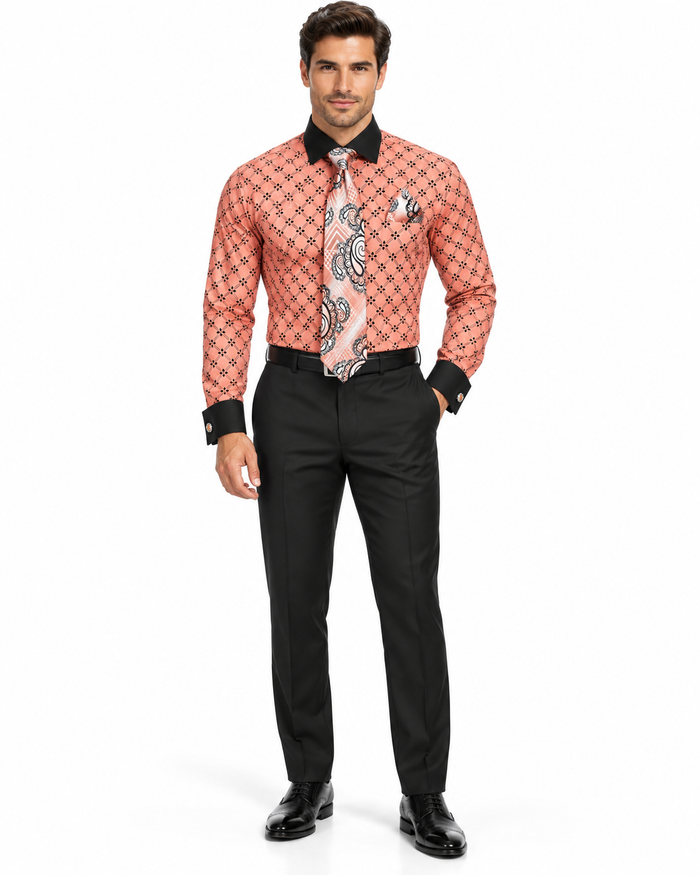 Floral Print Men's Dress Shirt & Tie Combo, Coral with Black Collar