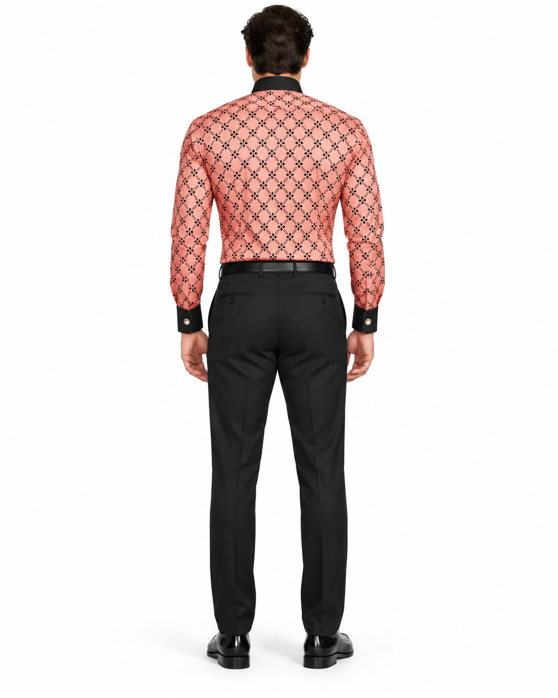 Floral Print Men's Dress Shirt & Tie Combo, Coral with Black Collar