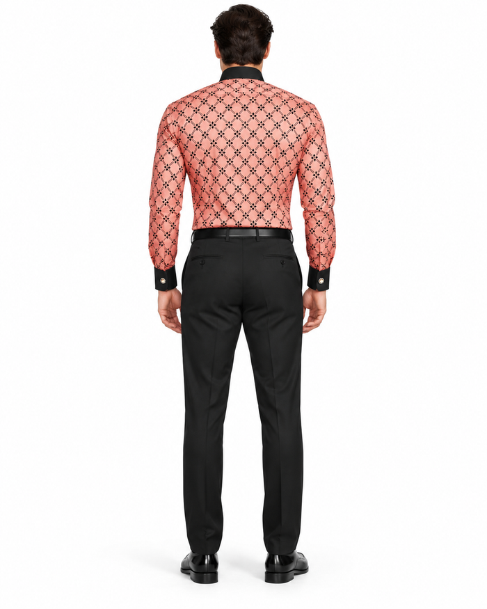 Floral Print Men's Dress Shirt & Tie Combo, Coral with Black Collar