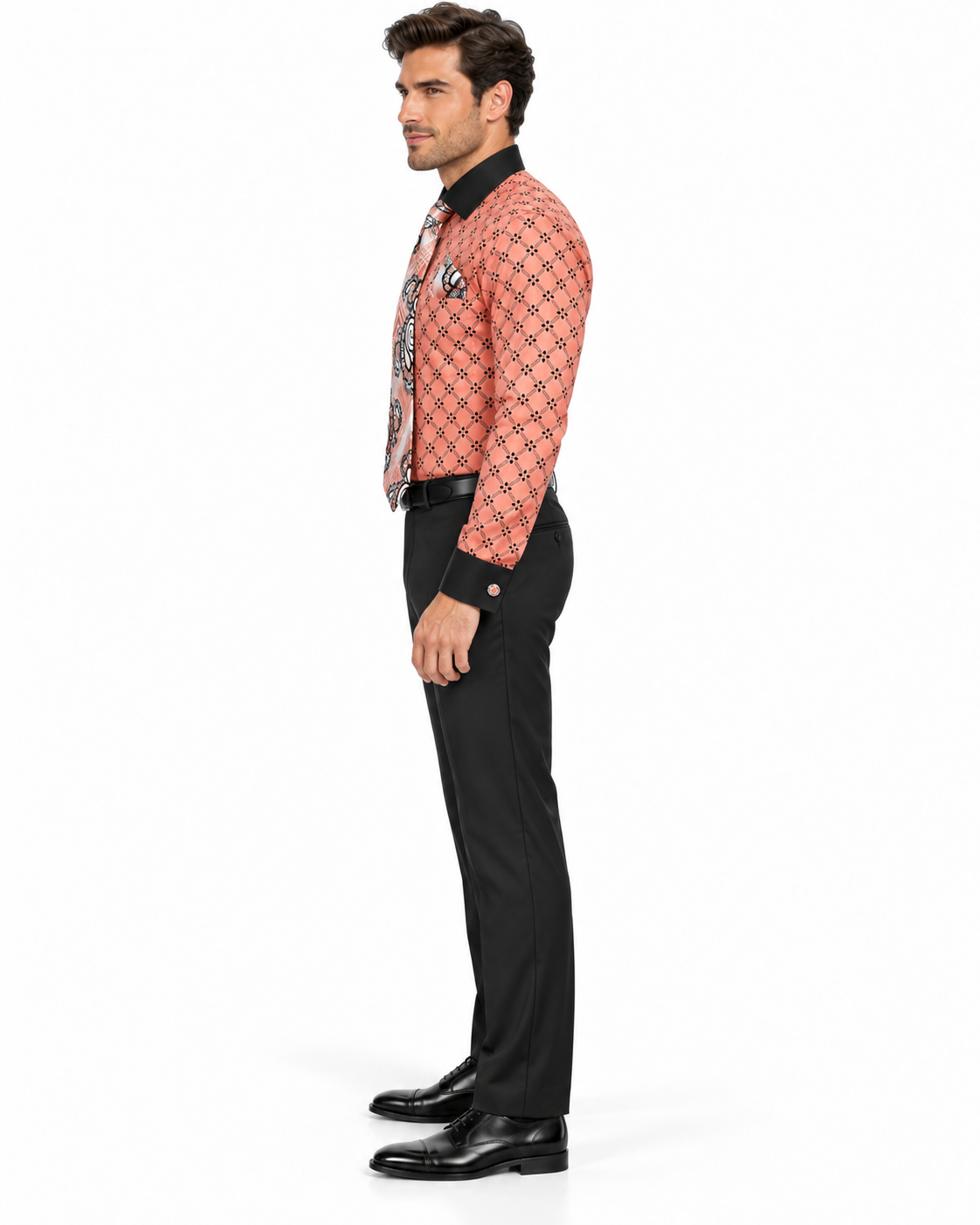 Floral Print Men's Dress Shirt & Tie Combo, Coral with Black Collar