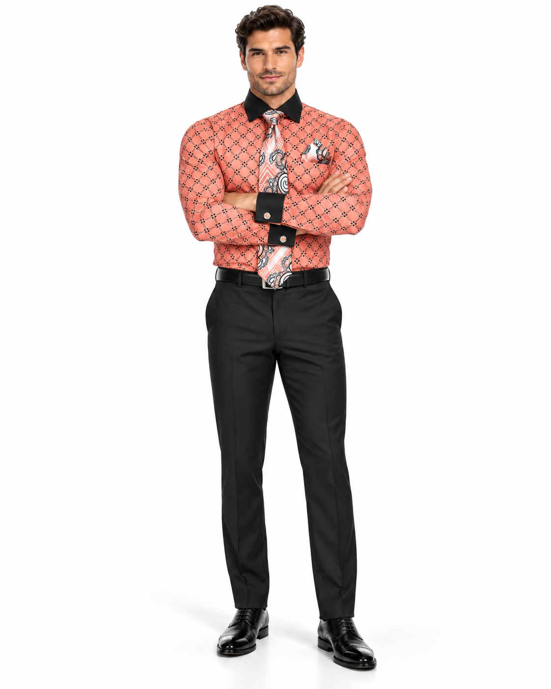 Floral Print Men's Dress Shirt & Tie Combo, Coral with Black Collar