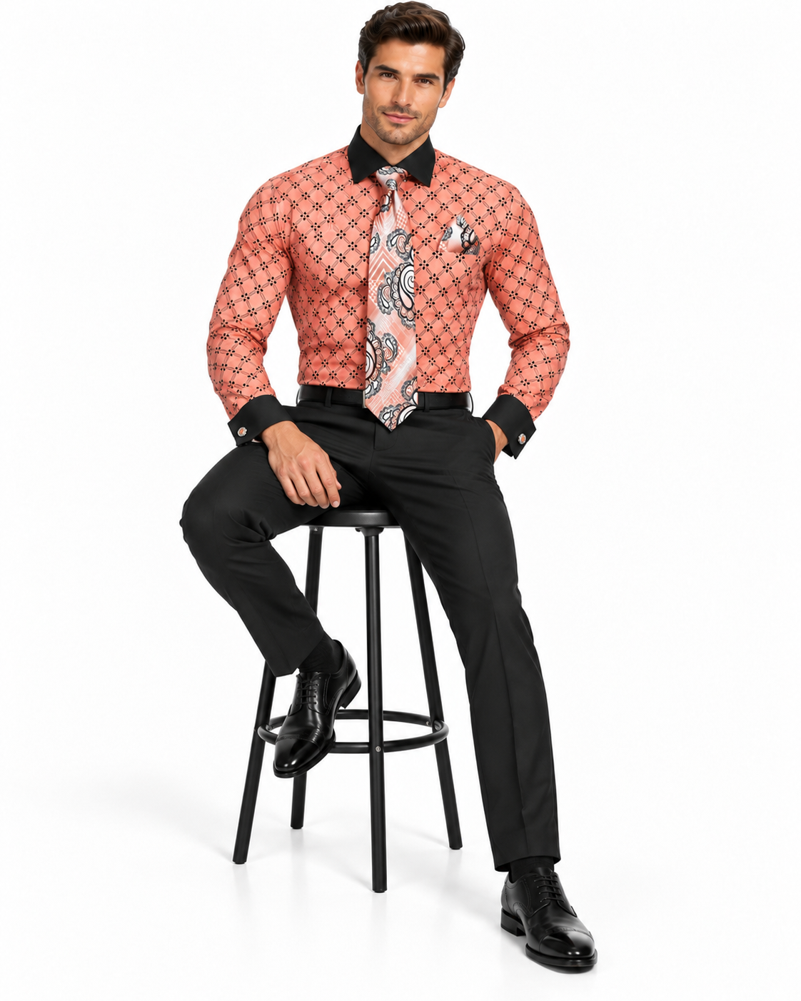 Floral Print Men's Dress Shirt & Tie Combo, Coral with Black Collar