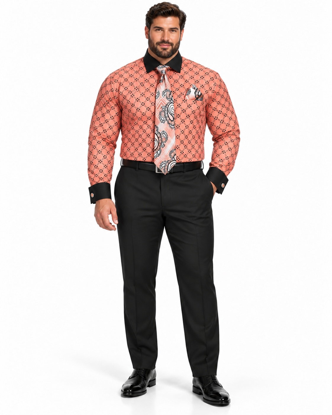 Floral Print Men's Dress Shirt & Tie Combo, Coral with Black Collar
