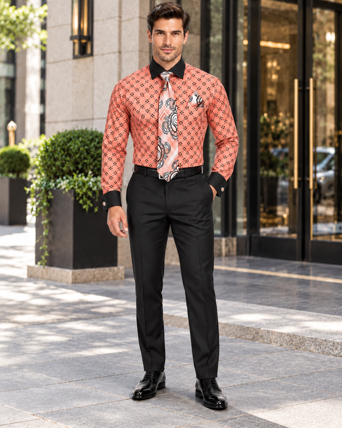 Floral Print Men's Dress Shirt & Tie Combo, Coral with Black Collar
