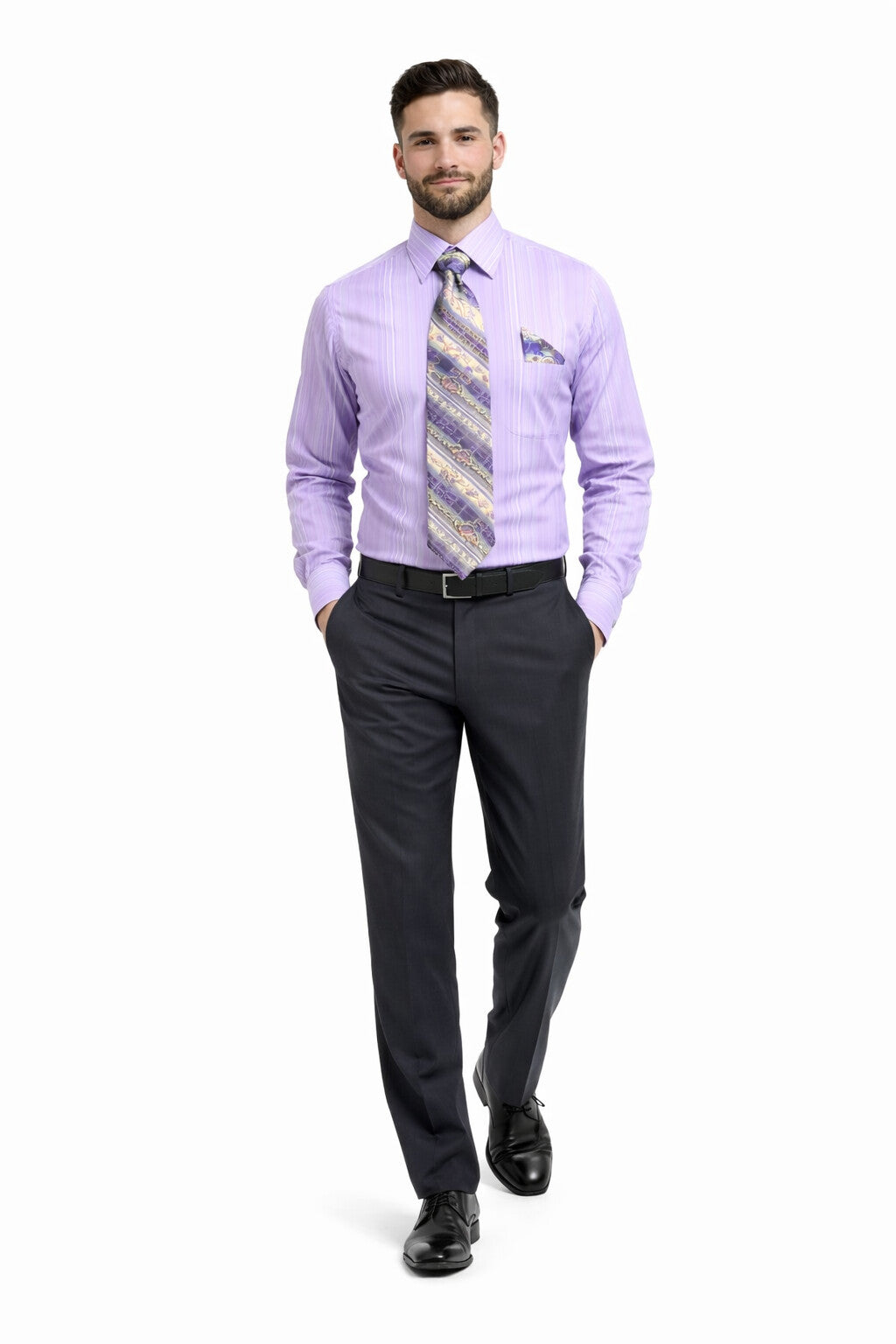 Lavender Men's French Cuff Dress Shirt Set with Tonal Stripe, Tie & Hanky