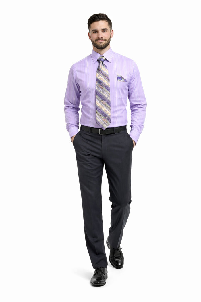 Lavender Men's French Cuff Dress Shirt Set with Tonal Stripe, Tie & Hanky