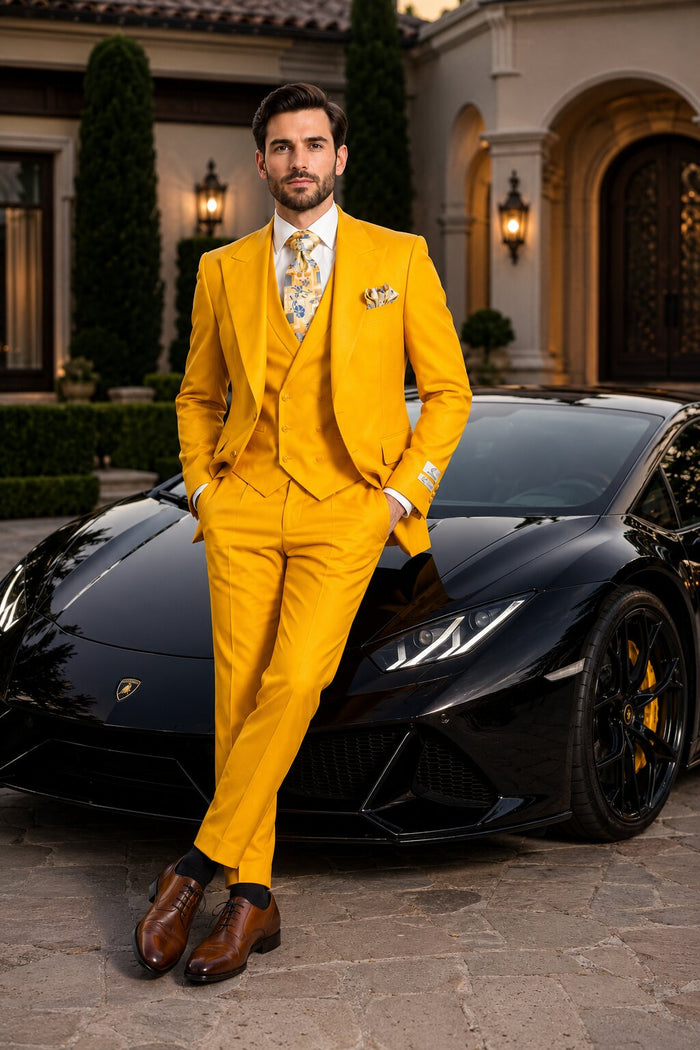 Rossi Man ELI RM103 - Modern Fit 3-Piece Mens Suit in Bold Yellow
