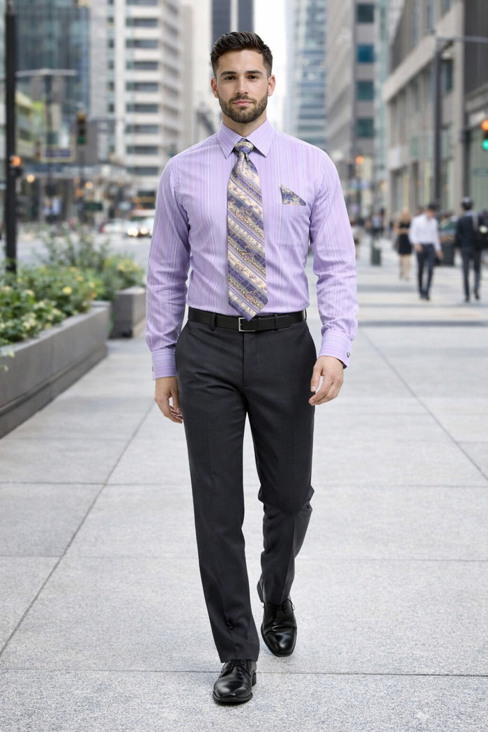 Lavender Men's French Cuff Dress Shirt Set with Tonal Stripe, Tie & Hanky