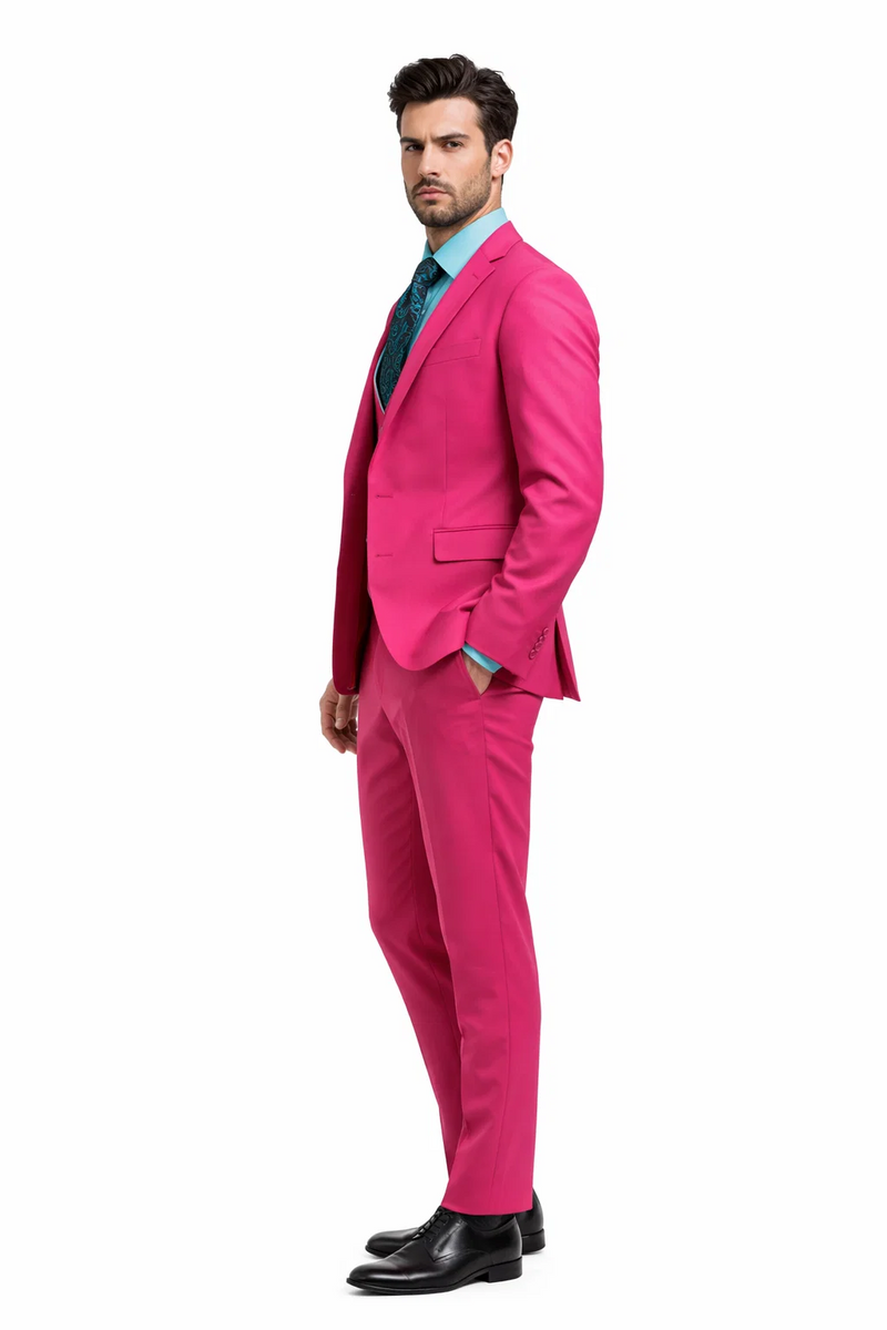 Men's Fuchsia Hot Pink Color 2 Buttons Suit Vested Slim Fit Suit