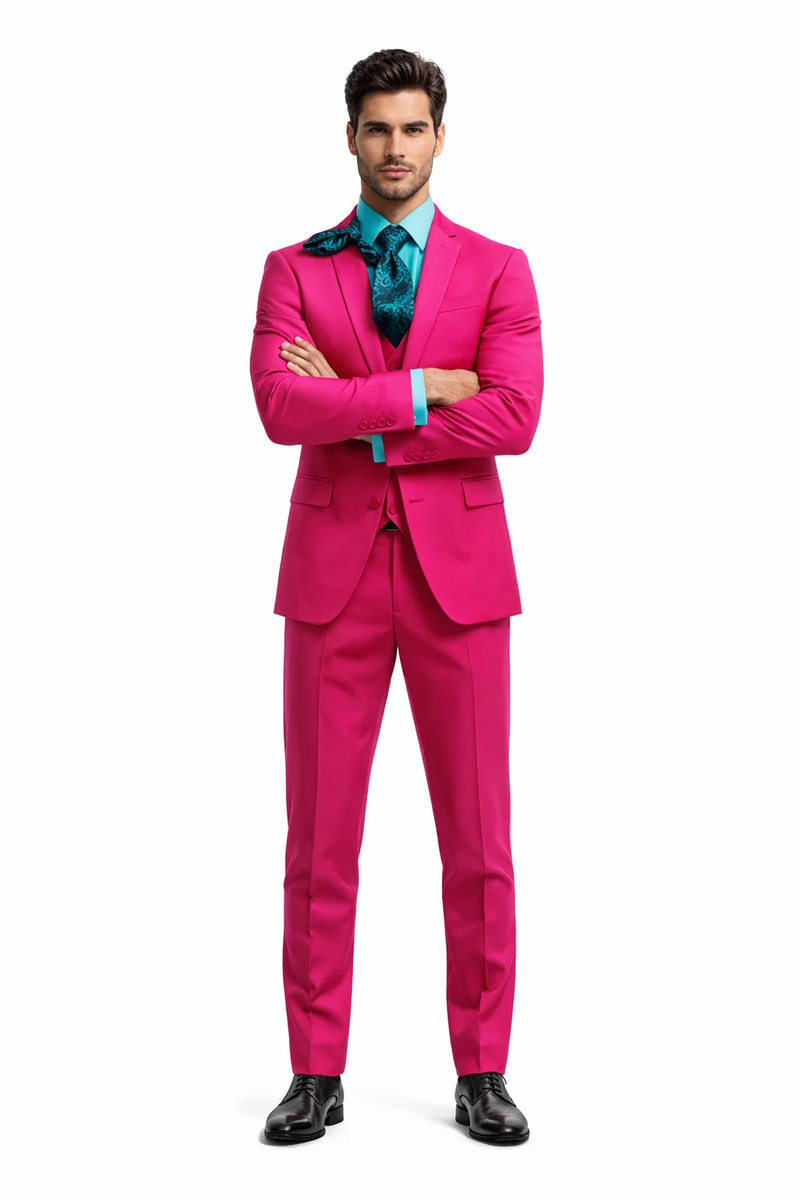 Men's Fuchsia Hot Pink Color 2 Buttons Suit Vested Slim Fit Suit