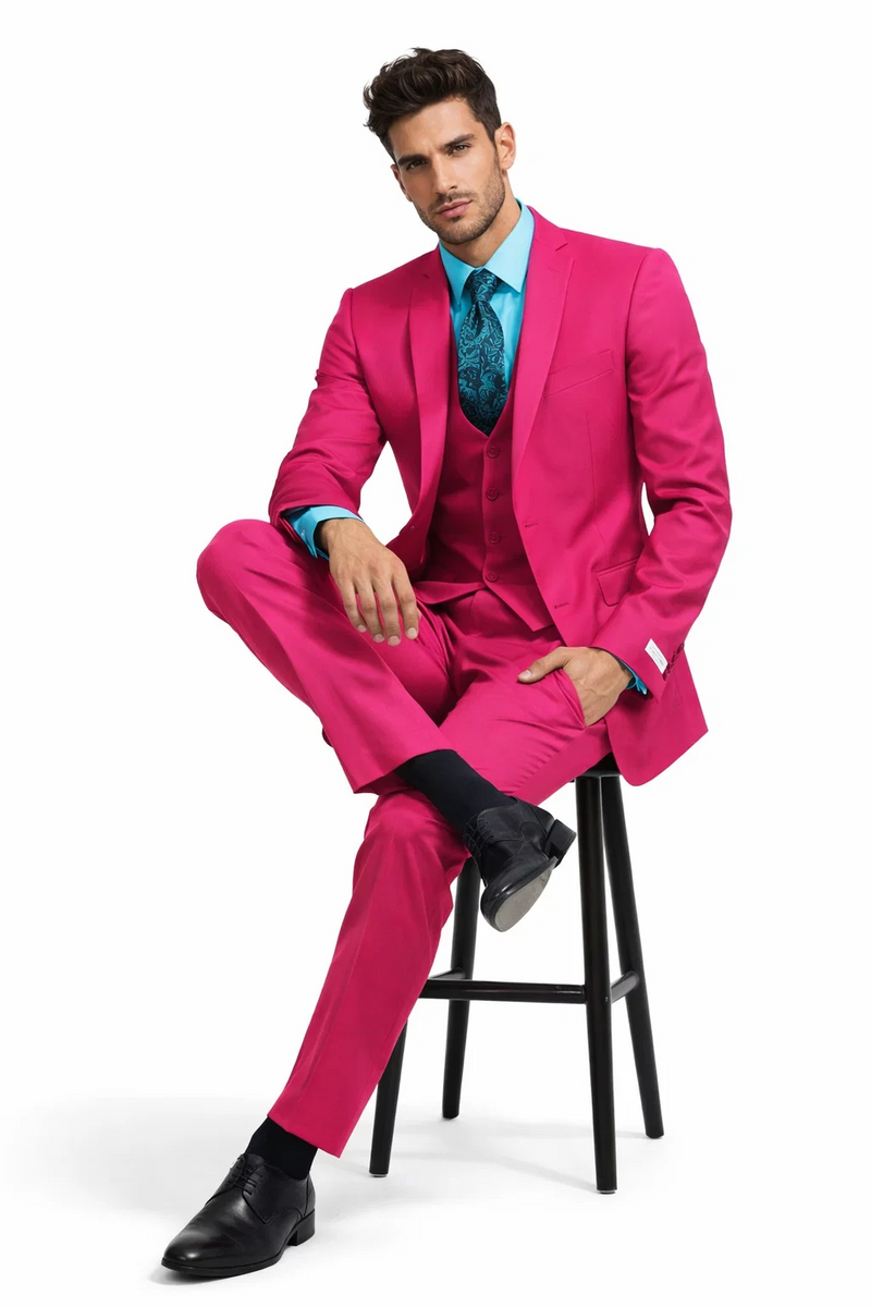 Men's Fuchsia Hot Pink Color 2 Buttons Suit Vested Slim Fit Suit