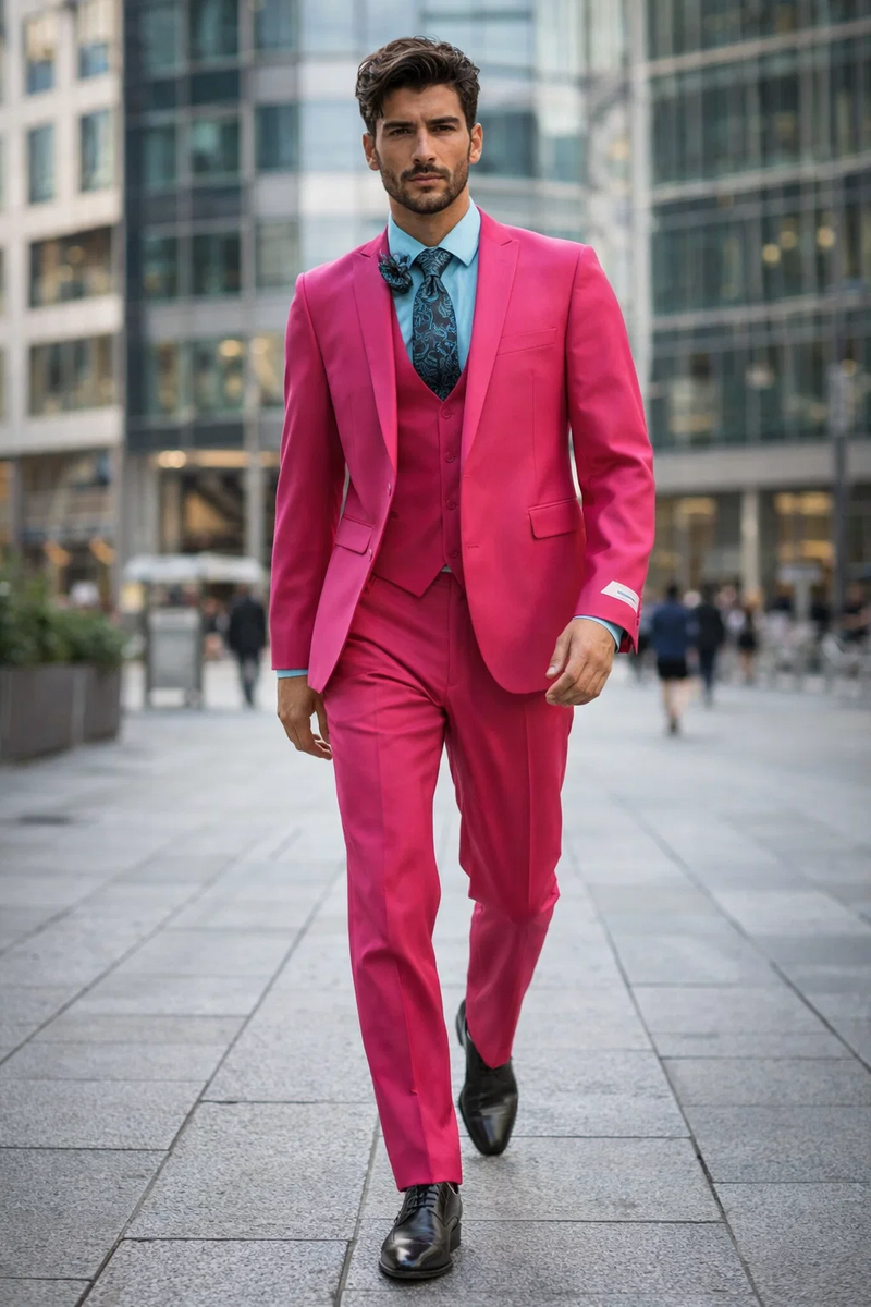 Men's Fuchsia Hot Pink Color 2 Buttons Suit Vested Slim Fit Suit