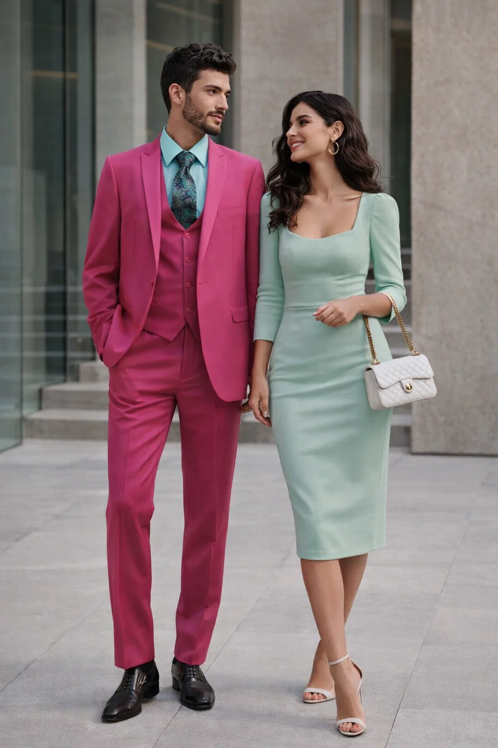 Men's Fuchsia Hot Pink Color 2 Buttons Suit Vested Slim Fit Suit