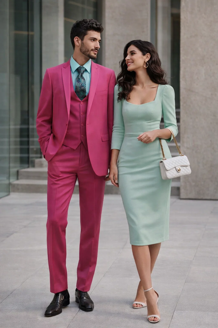 Men's Fuchsia Hot Pink Color 2 Buttons Suit Vested Slim Fit Suit