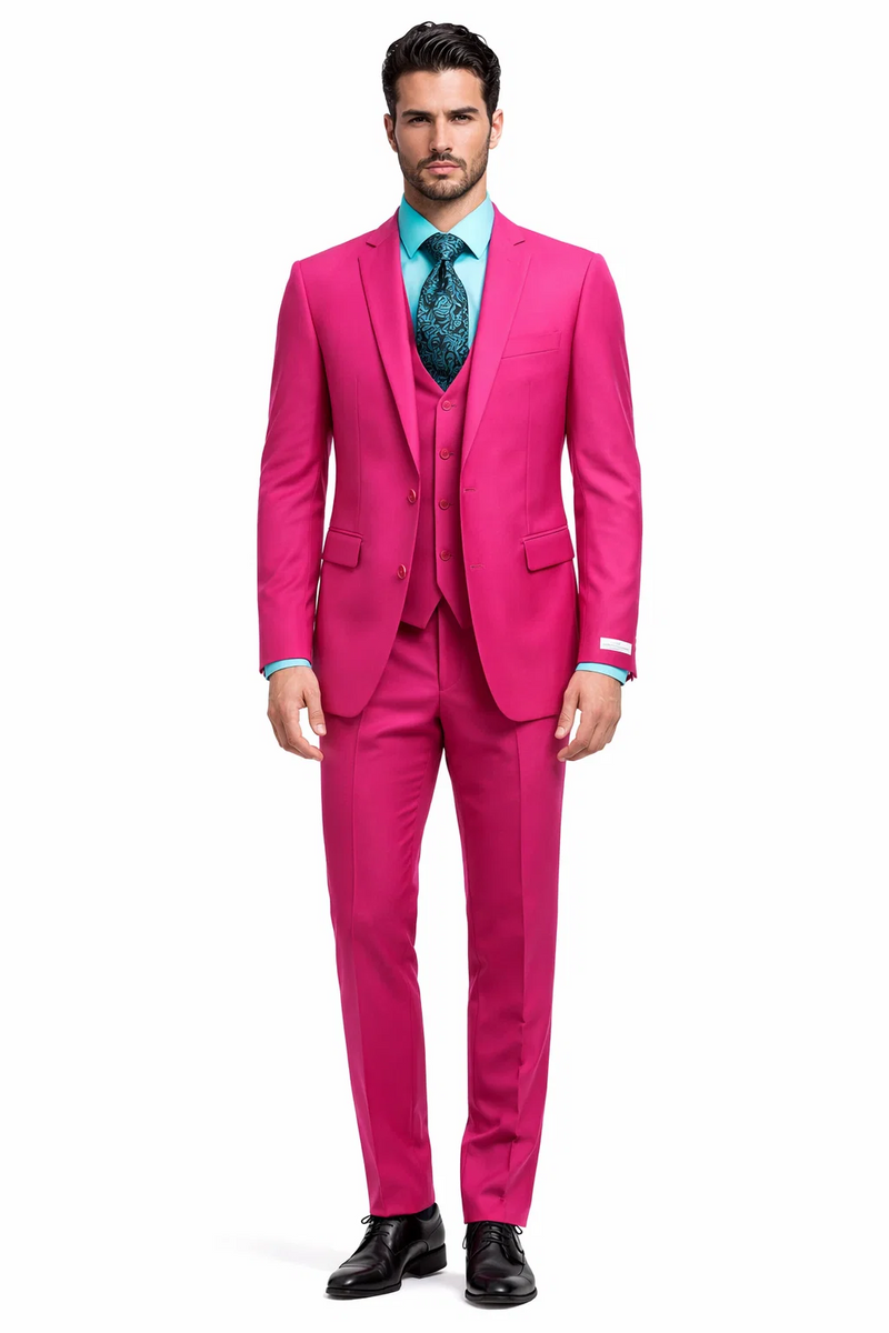 Men's Fuchsia Hot Pink Color 2 Buttons Suit Vested Slim Fit Suit