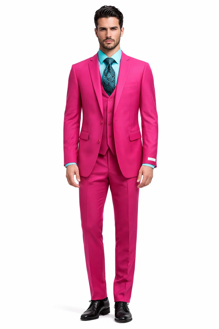 Men's Fuchsia Hot Pink Color 2 Buttons Suit Vested Slim Fit Suit