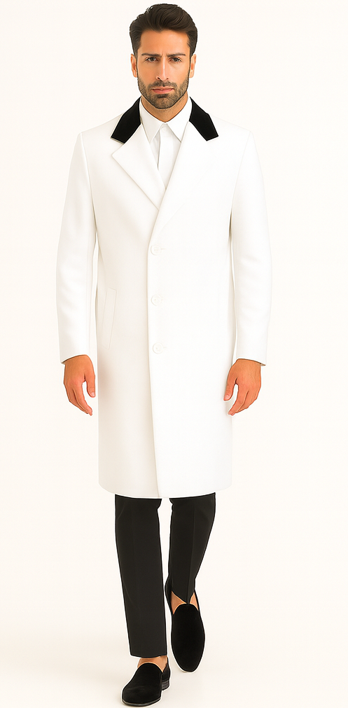 Mens Full Length Wool and Cashmere Overcoat - Winter Topcoats - White