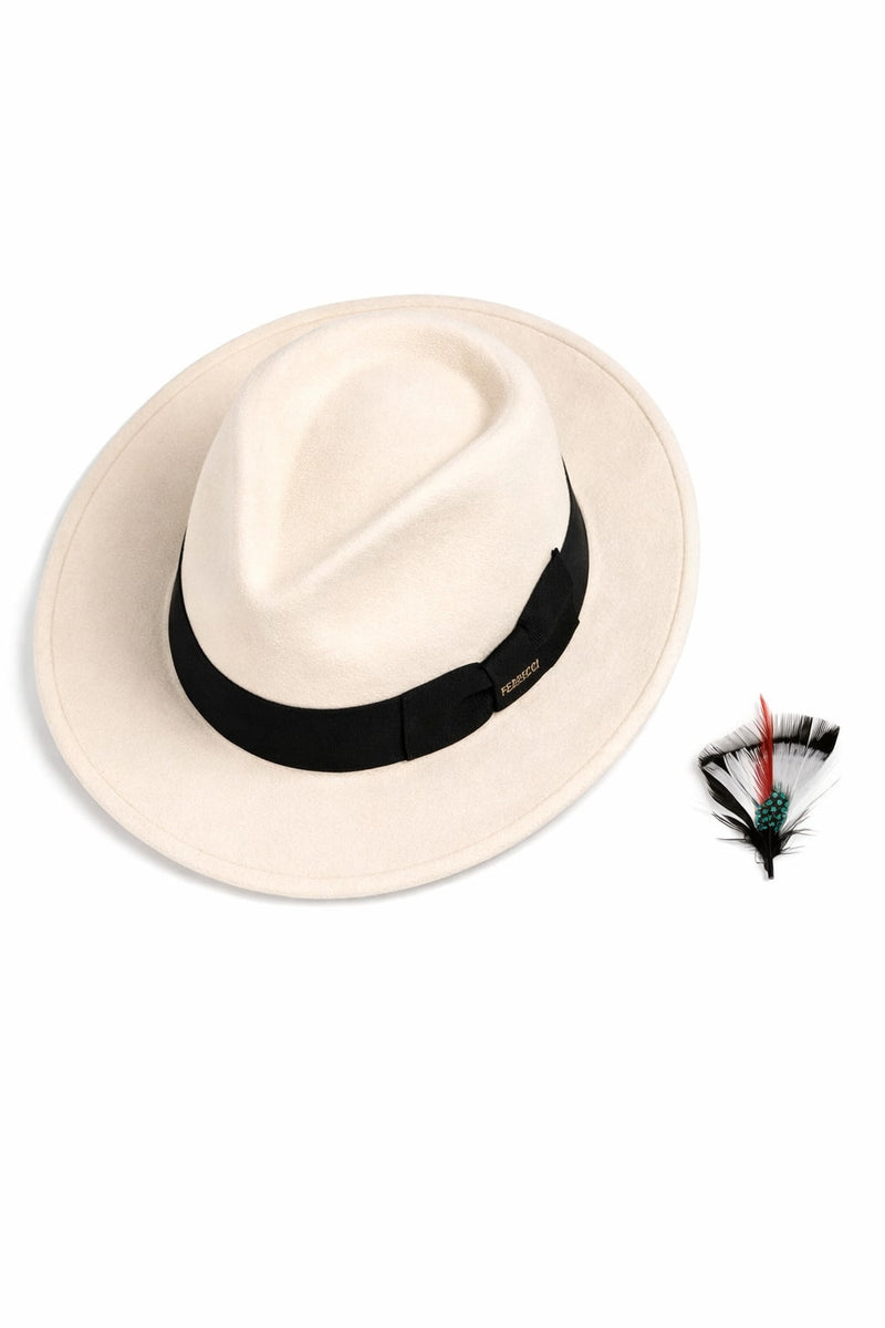 Gangster 100% Australian Wool Crushable Mens Fedora Hat - Removable Feather Gangster White/Black Mens Fedora Hat