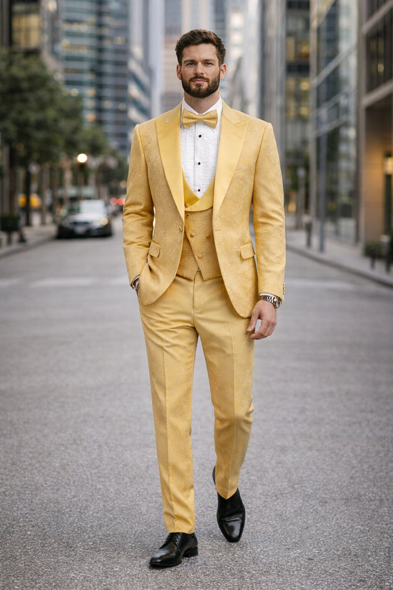 Men's Designer Vested Tonal Paisley Wedding & Prom Tuxedo in Gold