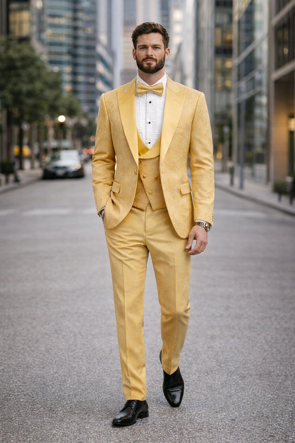 Men's Designer Vested Tonal Paisley Wedding & Prom Tuxedo in Gold
