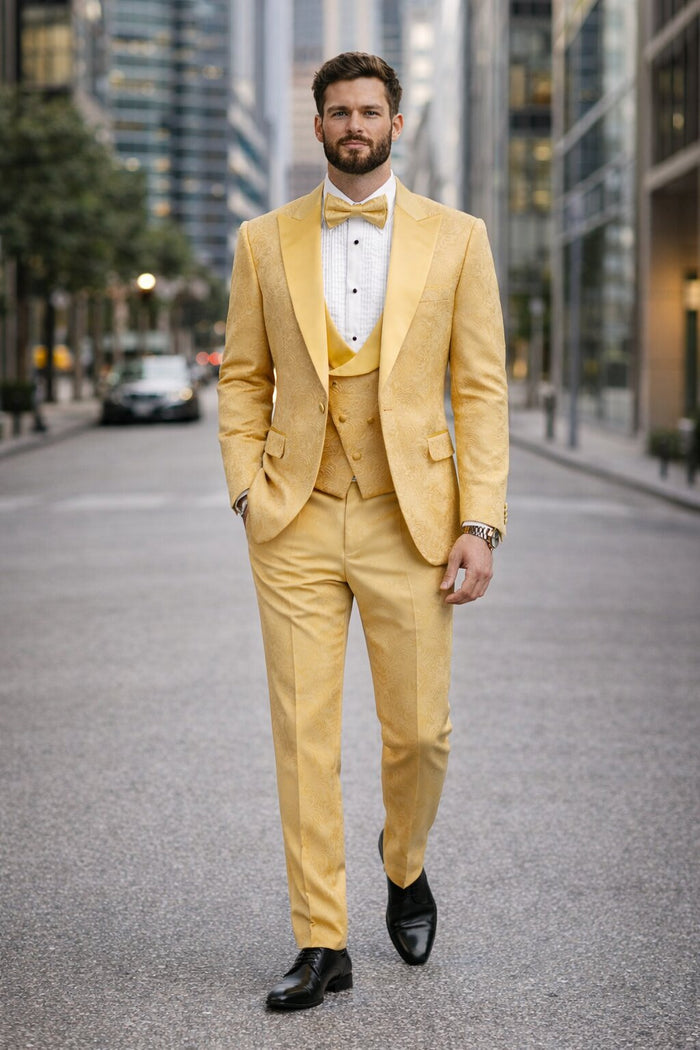 Men's Designer Vested Tonal Paisley Wedding & Prom Tuxedo in Gold