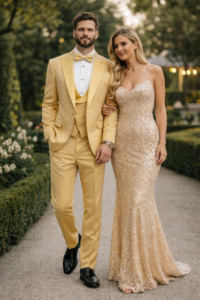 Men's Designer Vested Tonal Paisley Wedding & Prom Tuxedo in Gold